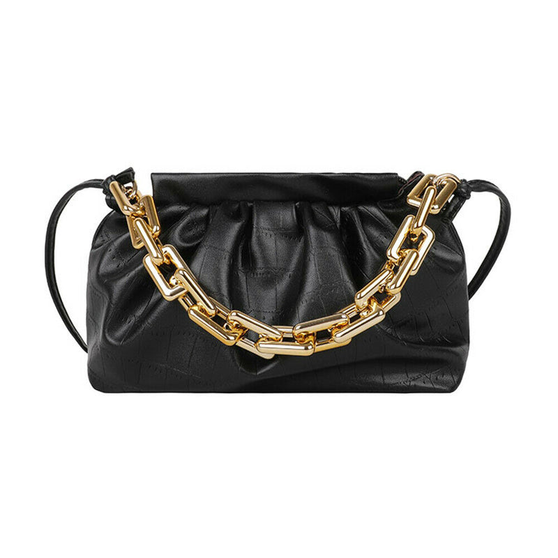 Women Pleated Handbag Stone Pattern PU Chain Shoulder Crossbody Bag (Black)