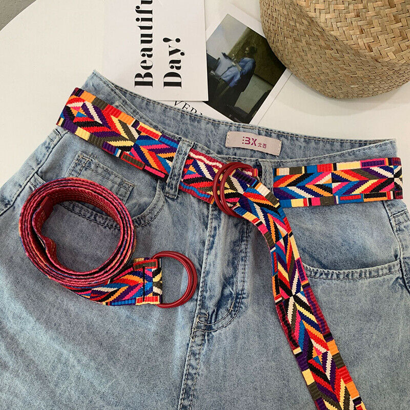 Harajuku Embroidery Panel Canvas Double Ring Buckle Long Belt Women Couples B Gw