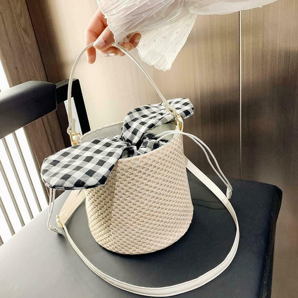 Straw Woven Shoulder Messenger Handbags Women Crossbody Bucket Bags (Beige) A#S