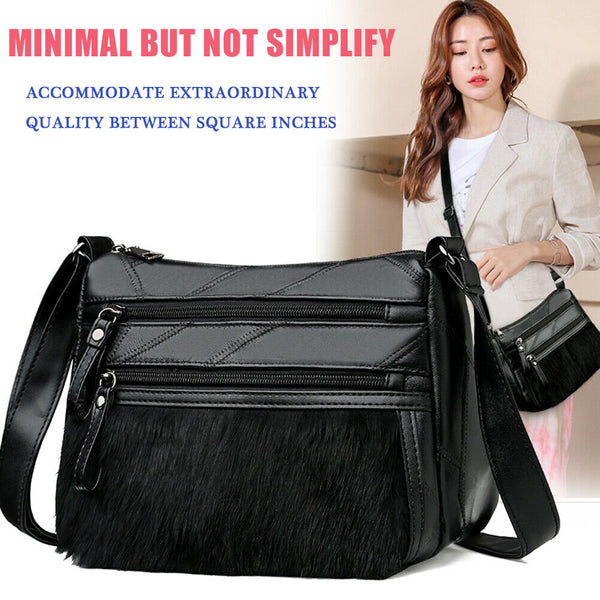 Fashion Women Splicing PU Rabbit Shoulder Bag Multi-pocket Messenger Purse