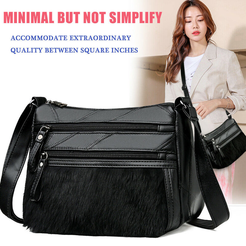 Fashion Women Splicing PU Rabbit Shoulder Bag Multi-pocket Messenger Purse