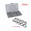 100pcs 5.3-15.3mm Car Vehicle Single Ear Stainless Steel Hose Clamps O-Clips Kit