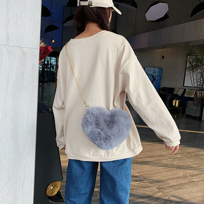 Heart Shaped Messenger Bag Women Girl Plush Shoulder Handbag (Dark Grey)