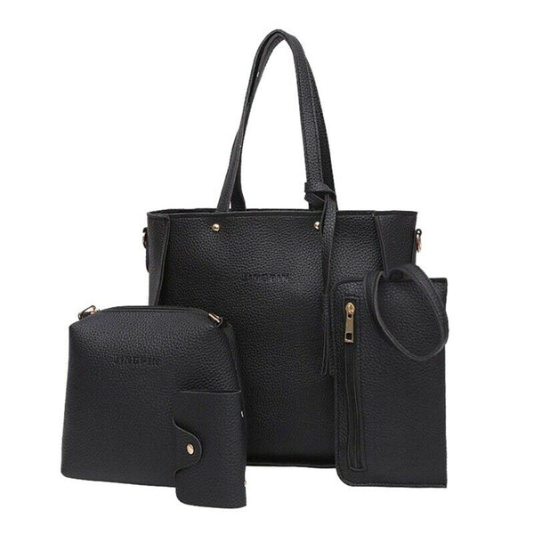 Women Fashion Handbag Shoulder Bag Purse Leather Tote Bag 4 Pieces (Black) Y3O1