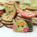 In Bulk 100pcs Cute Painted Flower Heart Shaped Wooden 2 Holes Colorful Buttons