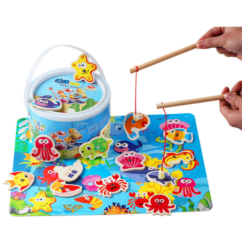 Wooden Two-Pole Sea Animal Fishing Magnetic Toys Set Early Education Game