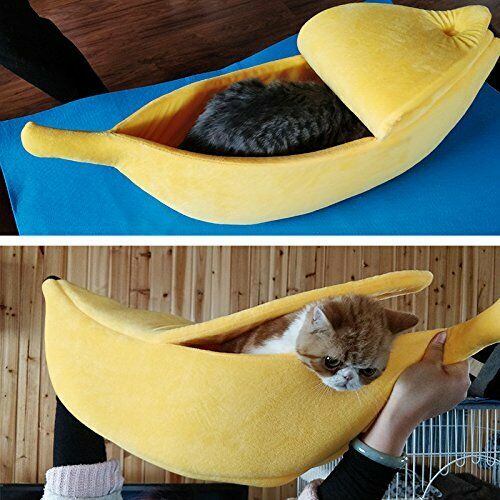 Cute Pet Dog Cat Bed Banana Shape Fluffy Warm Soft Plush Home Bed (M)