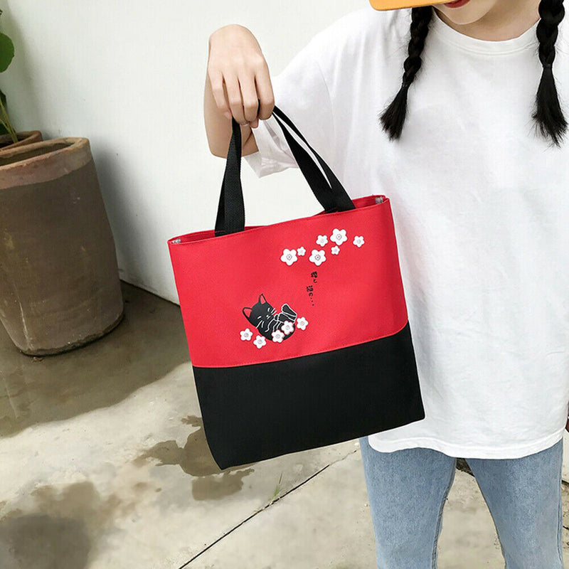 4pcs/Set Cute Cat Backpack Canvas Teenagers Mochila Shoulder Bag (Black)