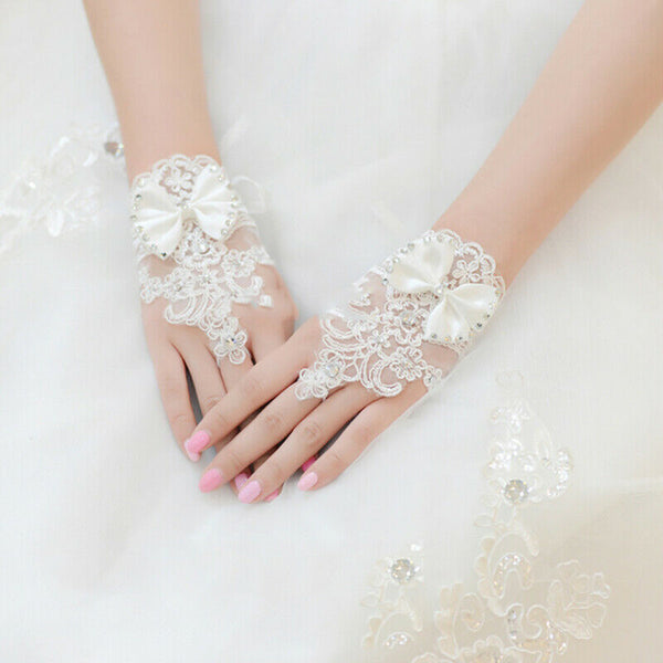Short Lace Floral Rhinestone Bowknot Fingerless Wedding Party Bridal Gloves T Kw