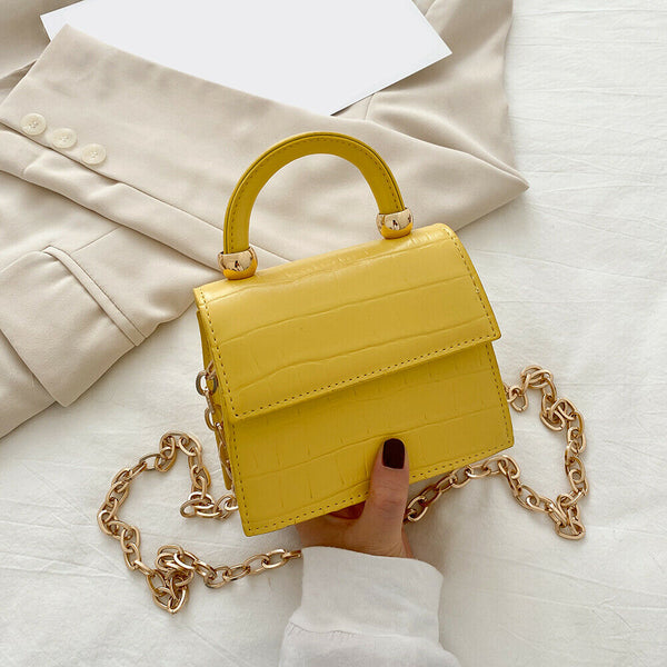 Women Mini Shoulder Bag Alligator PU Tote Chain Crossbody Pouch (Yellow)