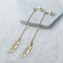 Fashion Korean Simulated Pearls Long Tassel Leaf Feather Dangle Earrings Jewelry