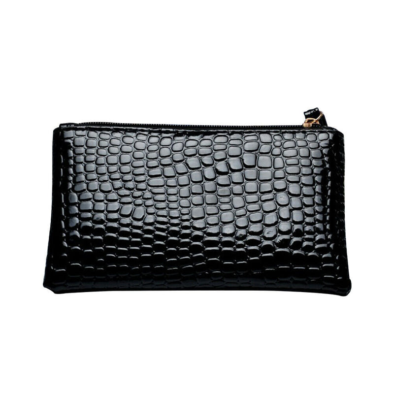 Retro Crocodile Leather Women Clutch Bag Zipper Purse Solid Handbag (Black)