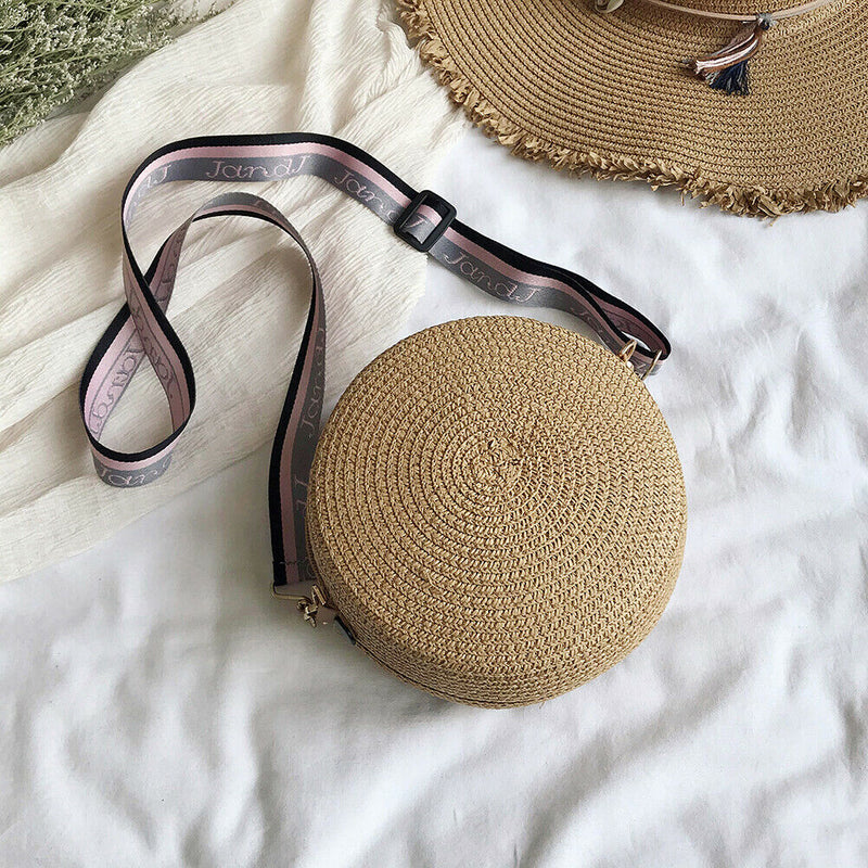 Handmade Straw Weave Round Women Small Beach Shoulder Bags (Dark Khaki)