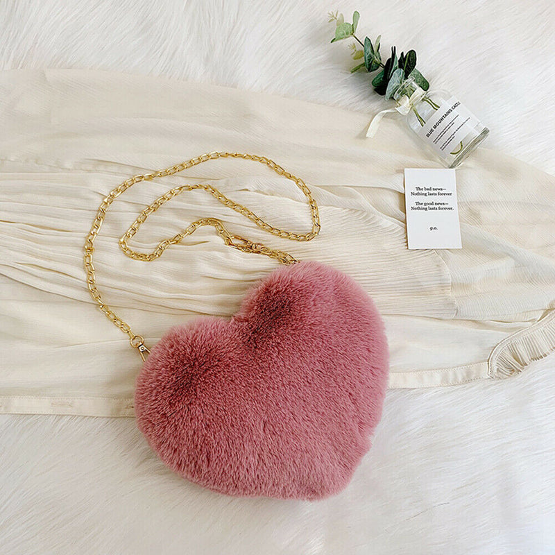 Heart Shape Messenger Bag Women Girl Plush Chain Shoulder Handbag (Bean)