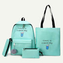 4pcs/Set Women Canvas Backpack Teenage Girls Shoulder Schoolbag (Green)