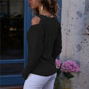 Women Fashion V Neck Cold Shoulder Long Sleeve Knitted Ribbed Sweater T Shi
