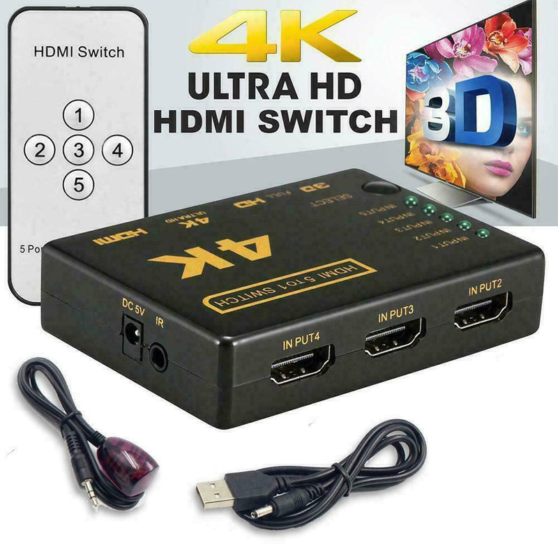 5 Ports HDMI 4K Switcher Selector Splitter Hub iR Remote For HDTV 3840p New