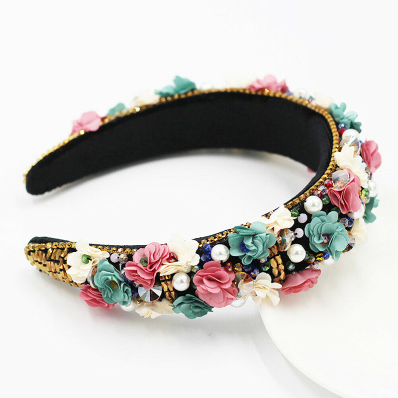Women Retro Floral Baroque Hair Accessories Cloth Rhinestone Headband Portable