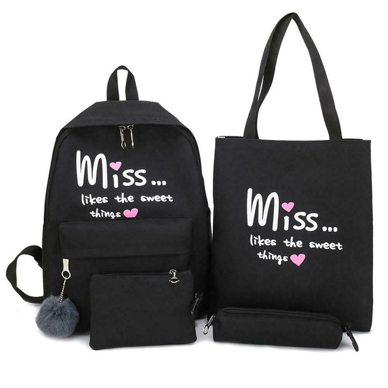 4pcs/set Letter Print Canvas Women Totes Pen Bags Clutch Backpacks (Black)