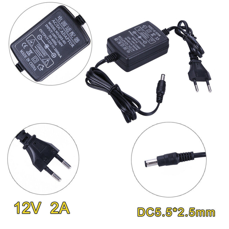 AC to DC Power Adapter 12V 2A Dual Cable Converter Universal 5.5x2.1-2.5mm