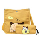 2pcs/set Women Canvas Cat Print Shoulder Satchel Handbags Pen Bag (Yellow) A