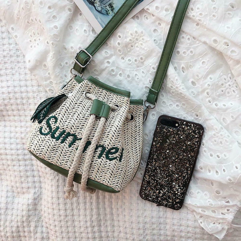 Leaf Decor Shoulder Handbags Women Straw Drawstring Crossbody Bags (Green)