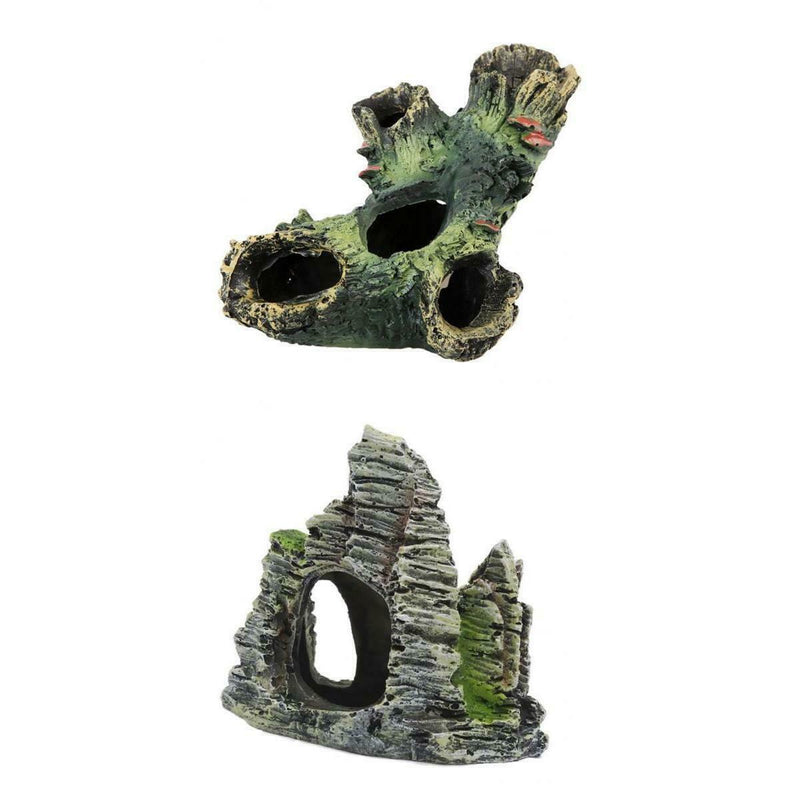 Set of 2, Artificial Mountain & Hollow Tree with Fish Cave Fish Tank Aquarium
