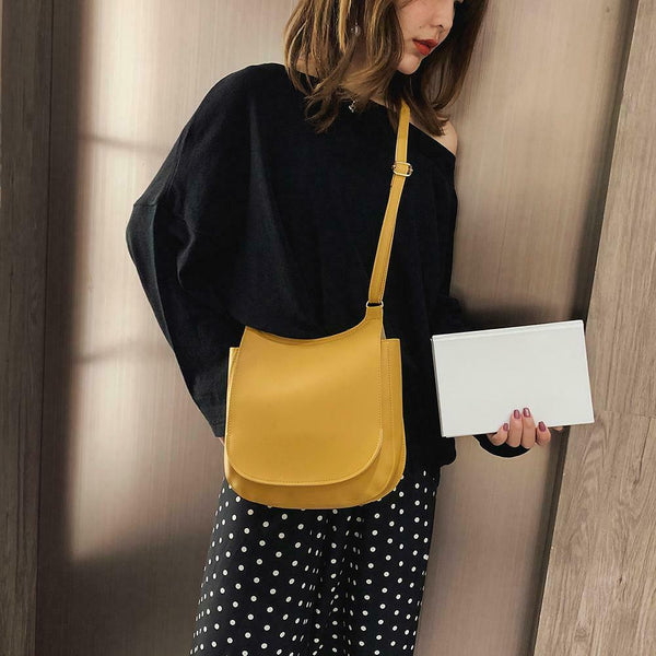 Pure Color Shoulder Handbags Leather Women Big Flap Crossbody Bags (Yellow) A#S