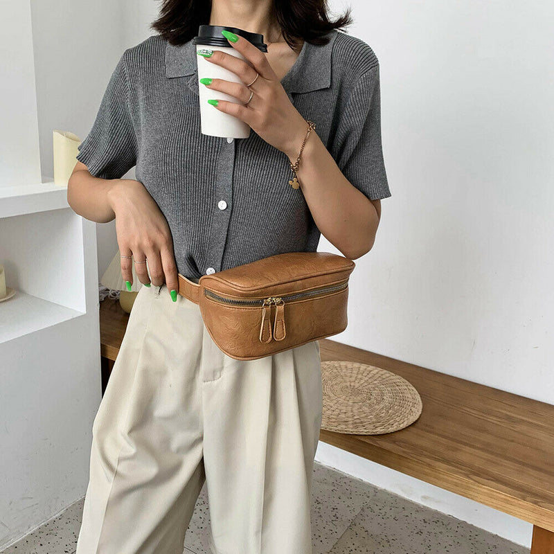 Fashion PU Shoulder Bag Women Pure Fanny Chest Crossbody Pack (Light Brown)