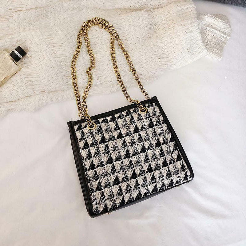 Au2pcs/set Women Woolen Shoulder Messenger Bag Chain Handbag Clutch (Black)
