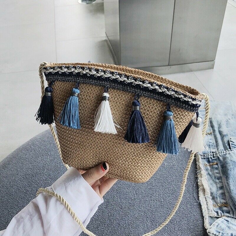 Women Tassel Coin Purse Diagonal Across The Shoulder Rattan Beach Bag(Brown)O5Y5