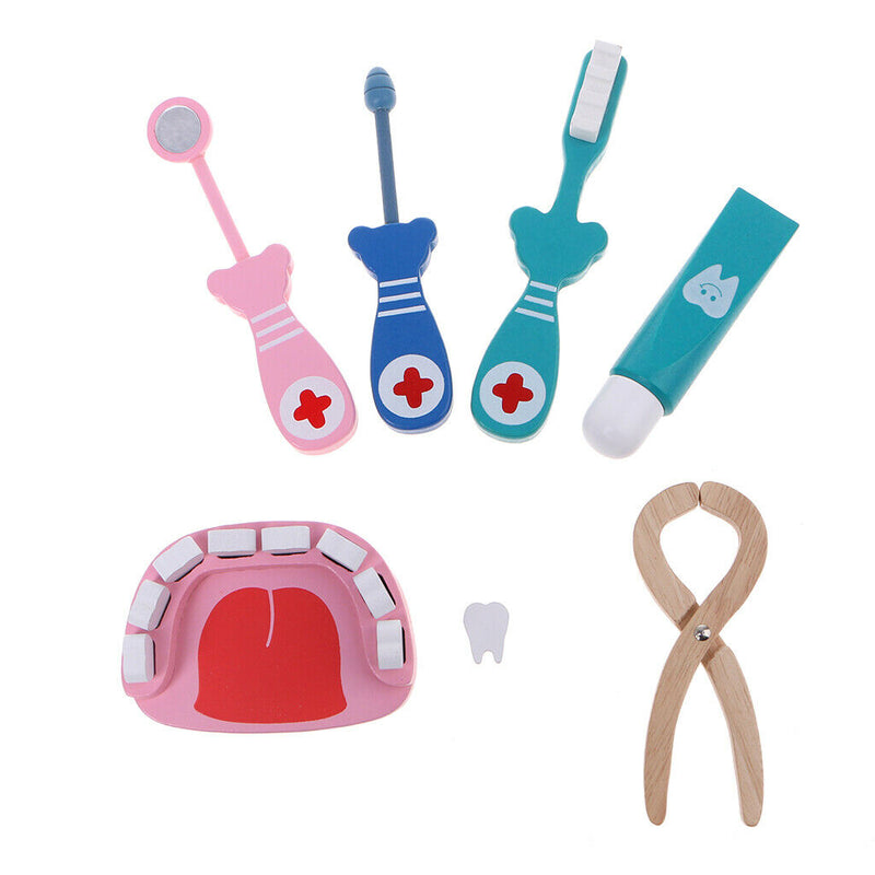 6 Pcs Baby Toys Doctor Set Play Wooden Dental Tools Simulation Medicine Box