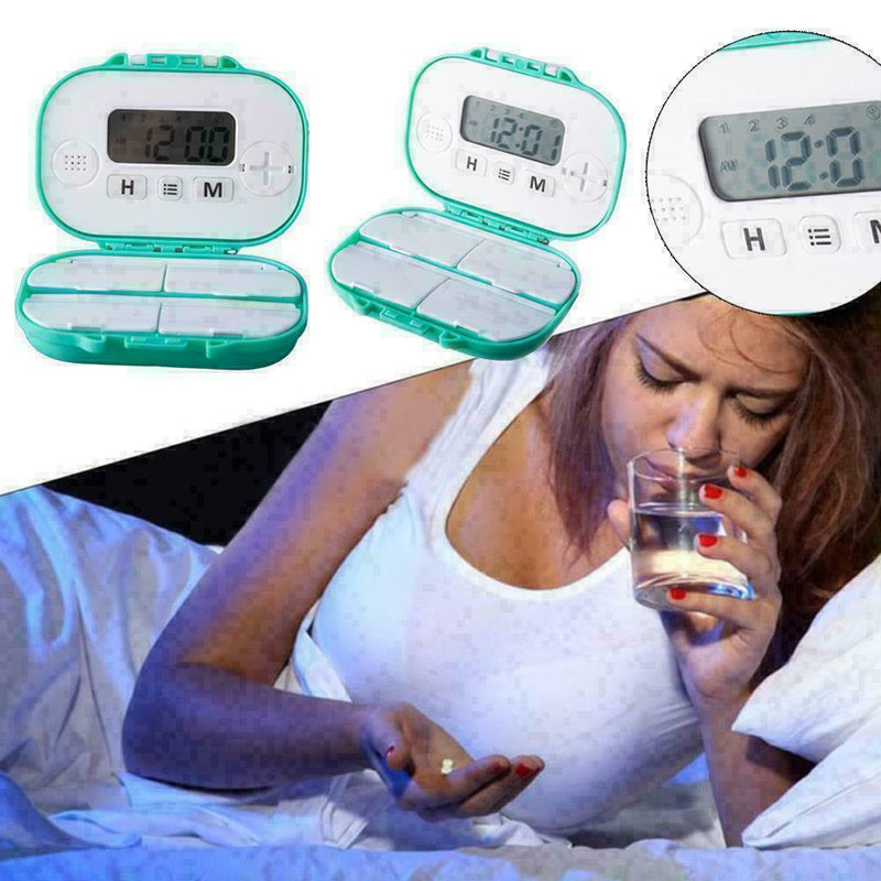 4 Grids Plastic Medicine Storage With Alarm Reminder Organizer Sorter P Box M5R1