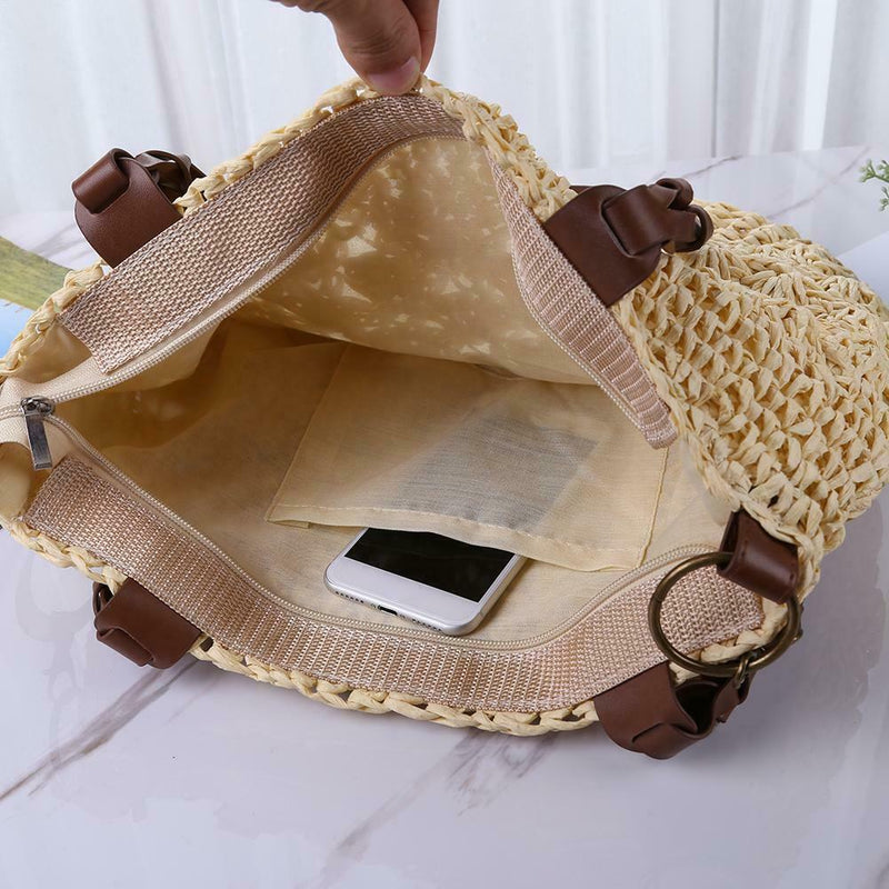 Straw Beach Woven Tote Bags Casual Women Shoulder Messenger Handbag (Beige)