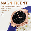 Women PU Leather Quartz Luxury Starry Sky Crystal Dial Analog Watch (Blue) A