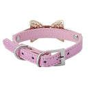 Pet Puppy Cat Dog Collar Pink PU Leather Adjustable Rhinestone Bow Neck Strap