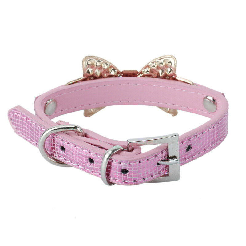 Pet Puppy Cat Dog Collar Pink PU Leather Adjustable Rhinestone Bow Neck Strap