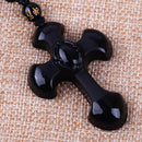 Natural Black Obsidian Carved Cross Lucky Pendants Beads Necklace Charm