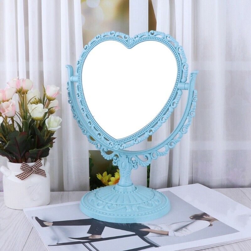 Beige Makeup Mirror Heart Shape Rotatable Stand Table Compact Mirror Plasti R5X2