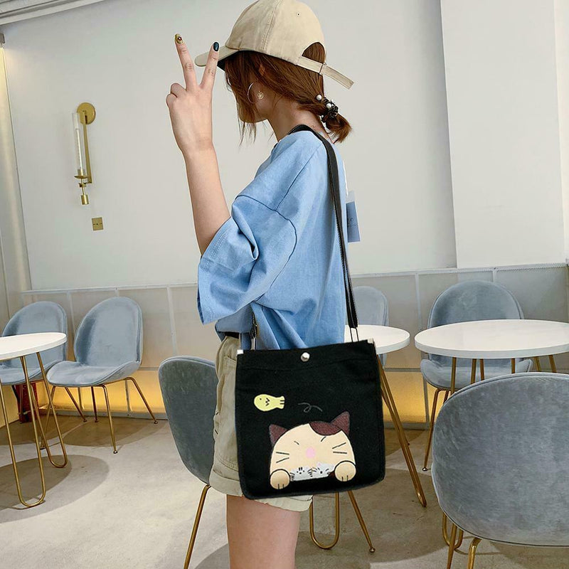 2pcs/set Women Canvas Cat Print Shoulder Crossbody Handbags Pen Bag (Black)