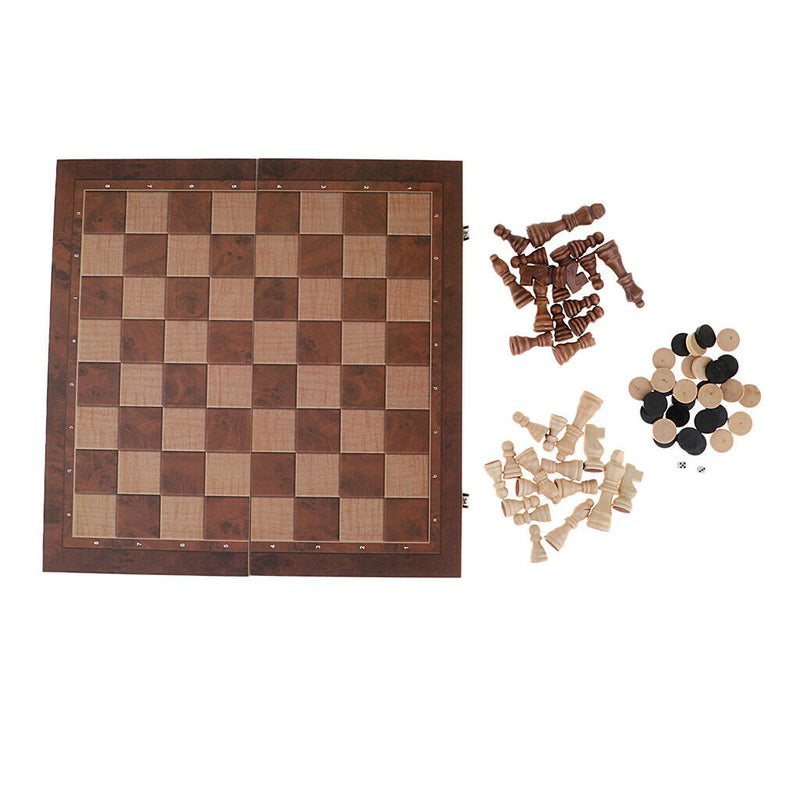 Wooden Portable Foldable 3 in 1 Chess Checkers and Backgammon Pieces Travel Game