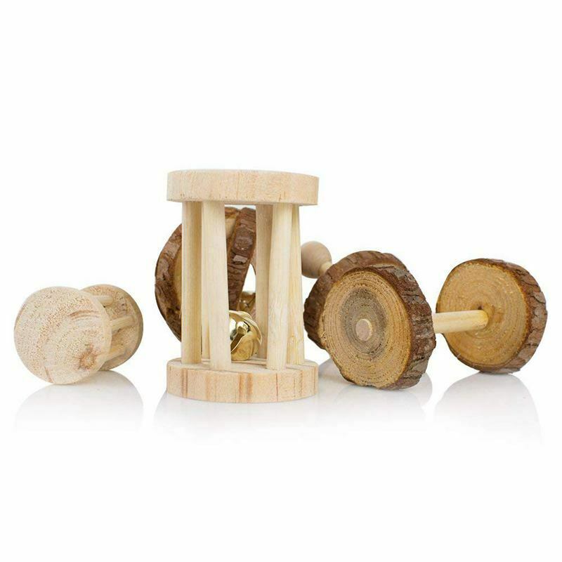 Pack of 5 Hamster Chew Toys - Natural Wooden Pine Dumbells Exercise Bell Ro