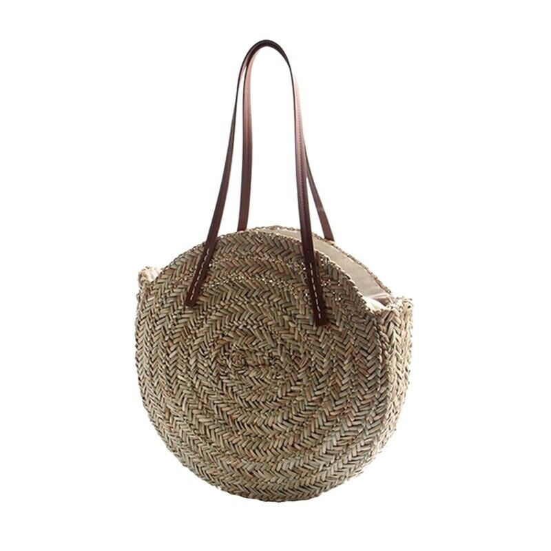 Women Bohemia Wind Beach Circle Round Rattan Straw Summer Travel Shoulder B E6Y8