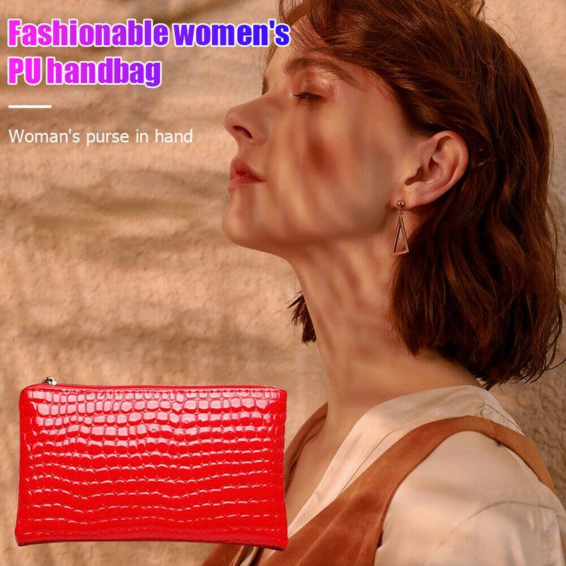 Retro Crocodile Leather Women Clutch Bag Zipper Purse Solid Handbag (Red)