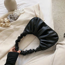 Elegant Pleated Handbag Women Leather Travel Totes Shoulder Bag (Black)