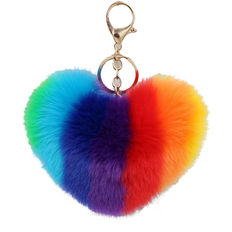 Rainbow Heart Fluffy Ball Keychain Car Key Ring Holder Bag Charm Ornament