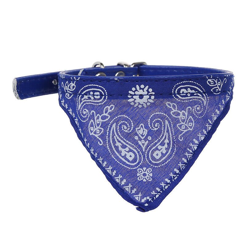 Dog Puppy Pet Bandana Scarf Paisley Pattern with Leather Collar Blue