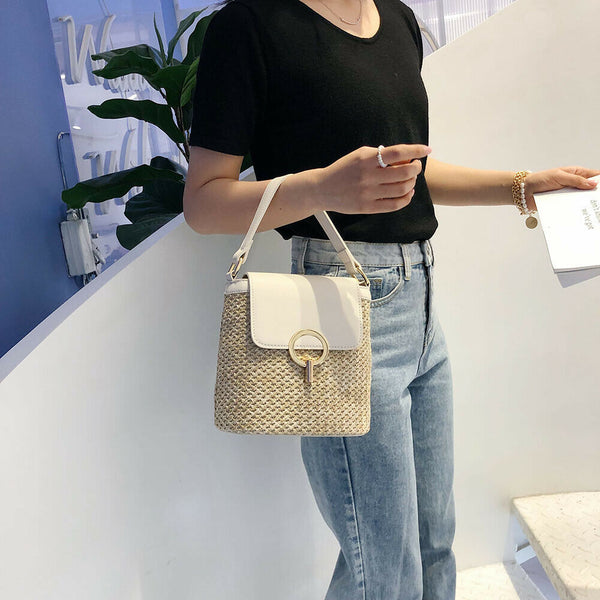 Straw Weave Women Bucket Handbags Summer Beach Totes Shoulder Bags (White)