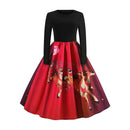 Retro Elk Print Long Sleeve Xmas Swing Dress Women Long Dresses (Red L) A