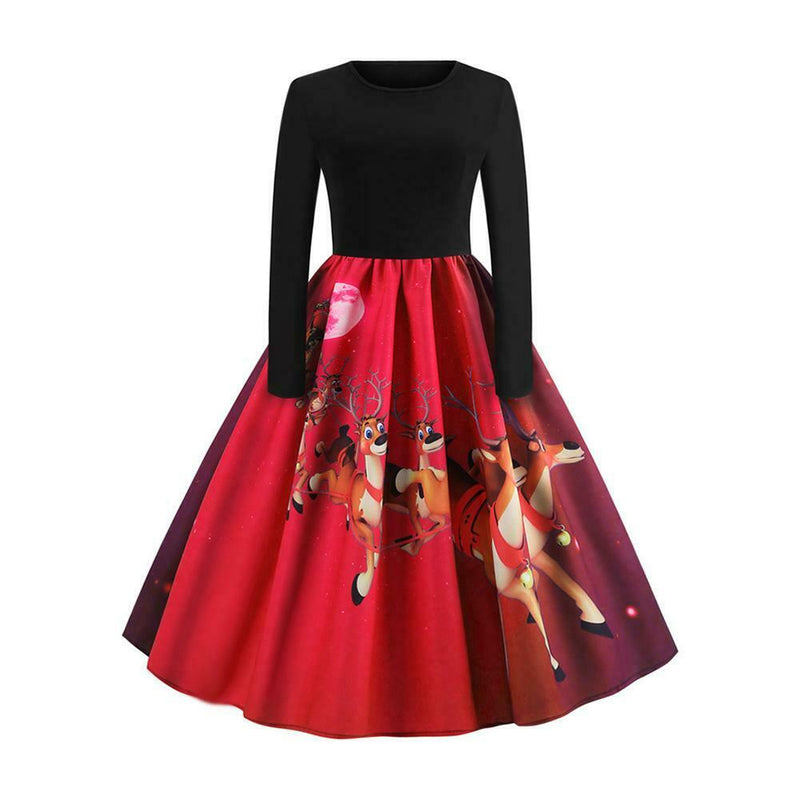 Retro Elk Print Long Sleeve Xmas Swing Dress Women Long Dresses (Red L) A